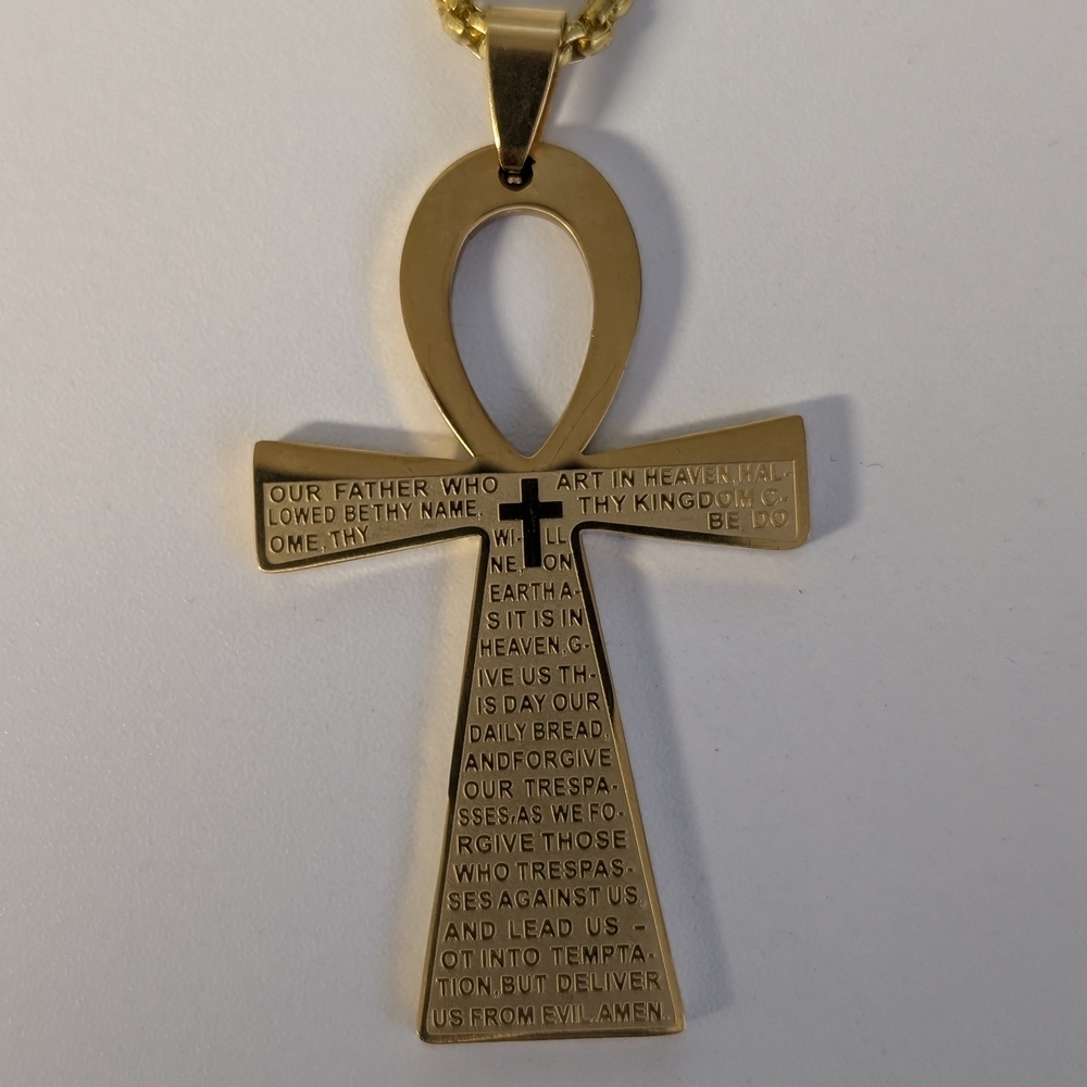 Gold Ankh Cross Pendant Necklace with Engraved Lord's Prayer